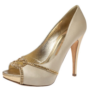 Gina Beige Satin Crystal Embellished Peep Toe Pumps Size 40