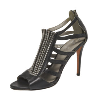 Gina Black Leather Crystal Embellished Sandals Size 37.5