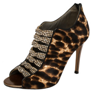Gina Brown Leopard Print Calf Hair Embellished Sandals Size 37.5