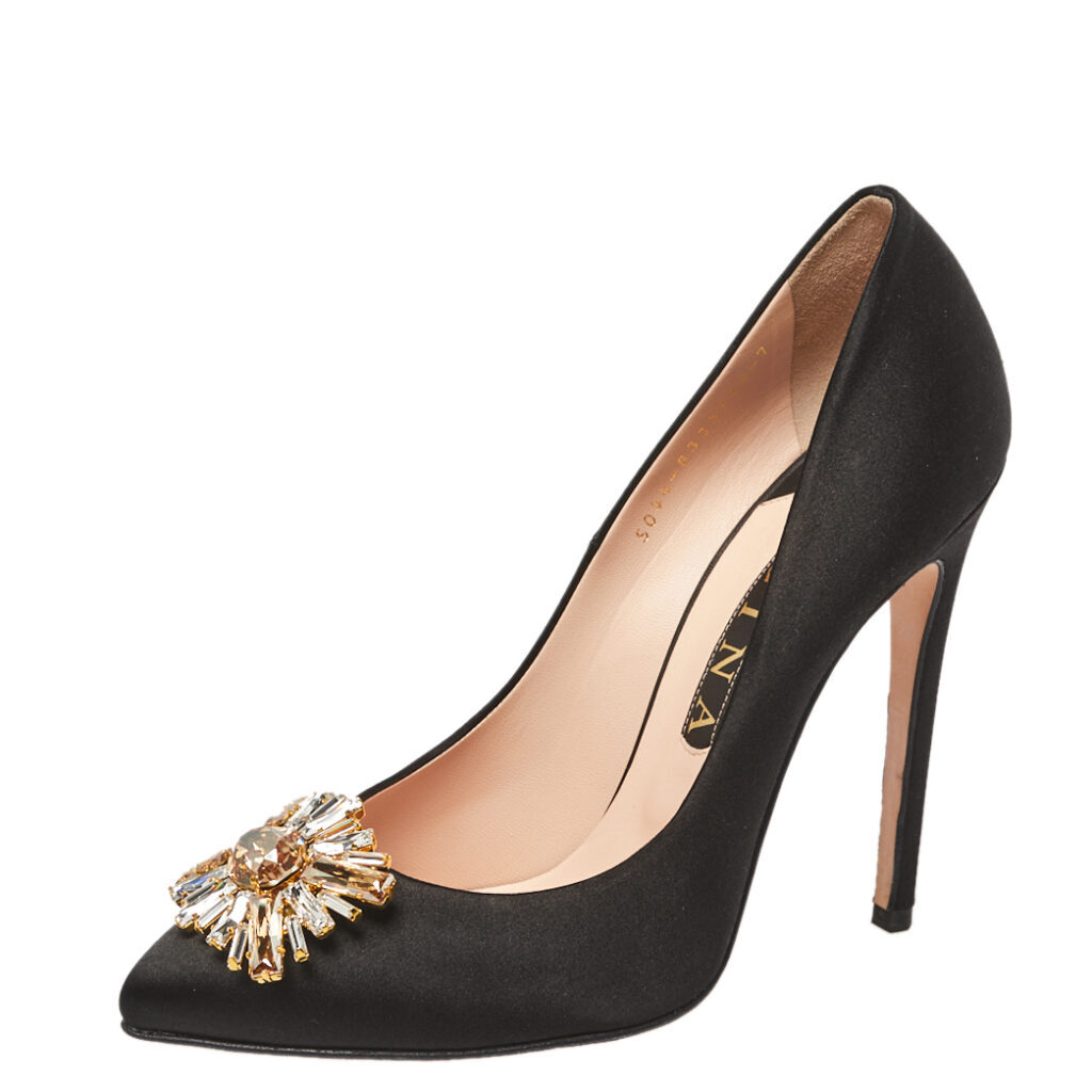 luxury-women-gina-used-shoes-p380695-009 Gina Black Satin Swarovski Crystal Embellished Pumps Size 40