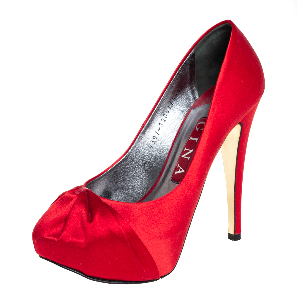 luxury-women-gina-used-shoes-p408690-006 Gina Red Satin Platform Pumps Size 37.5