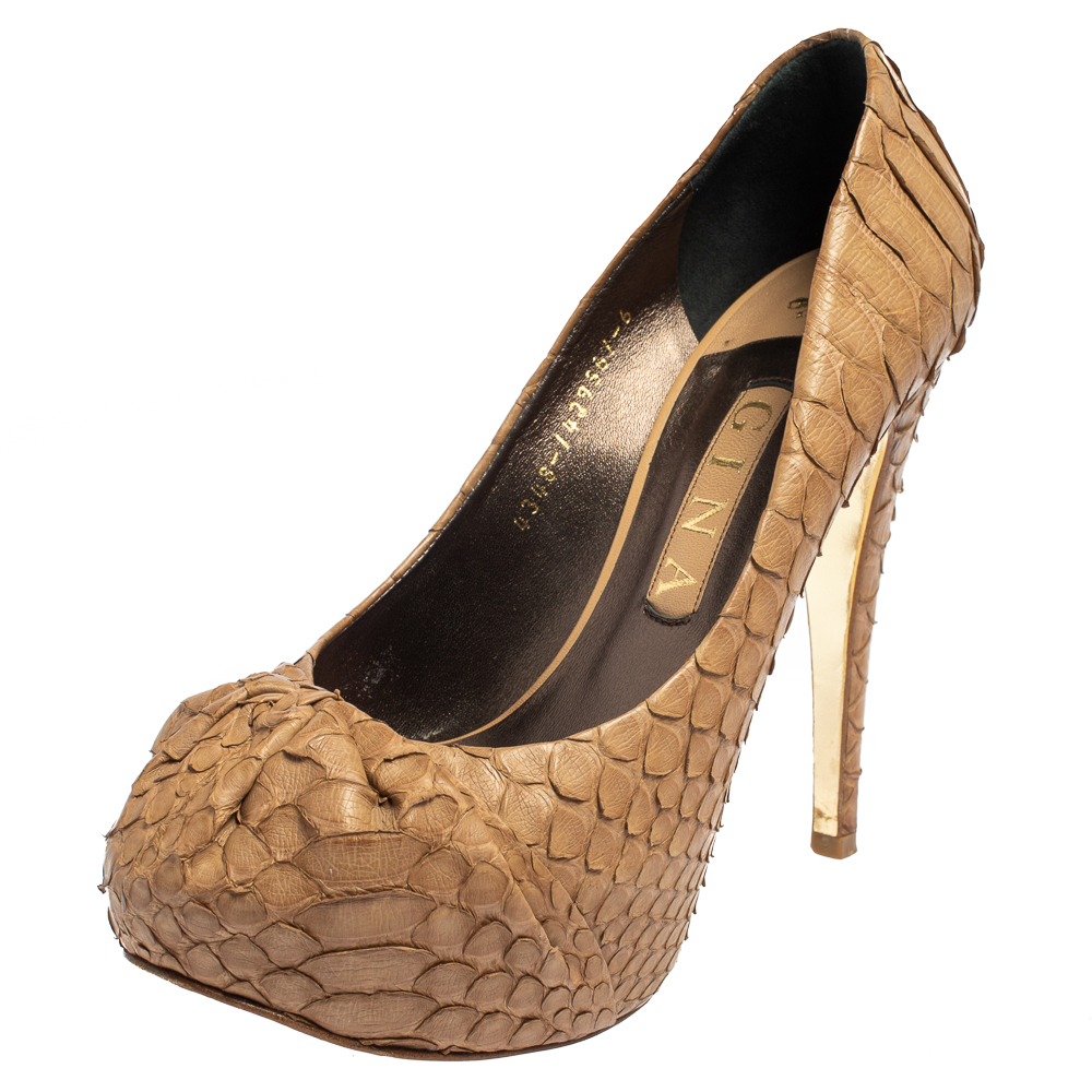luxury-women-gina-used-shoes-p419035-004 Gina Beige Python Leather Elle Platform Pumps Size 39
