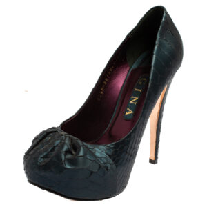 Gina Blue Python Embossed Leather Elle Platform Pumps Size 38.5