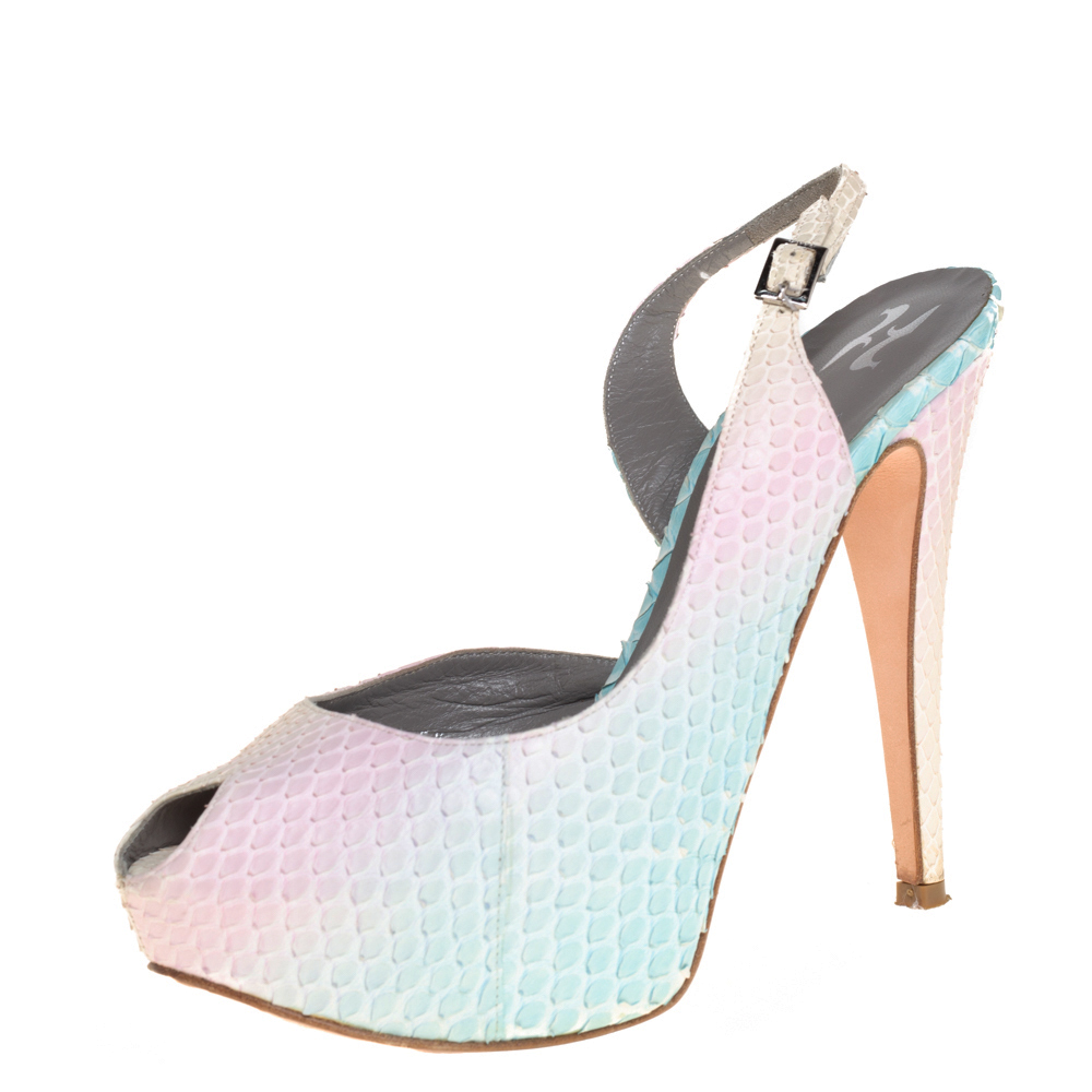 luxury-women-gina-used-shoes-p423964-004 Gina Multicolor Python Leather Peep Toe Slingback Sandals Size 38.5