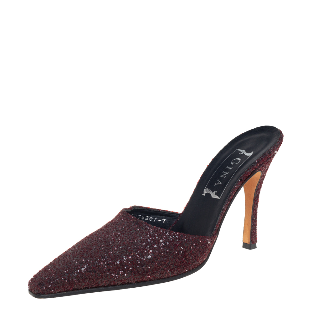 luxury-women-gina-used-shoes-p433540-001 Gina Dark Burgundy Glitter Mule Sandals Size 40