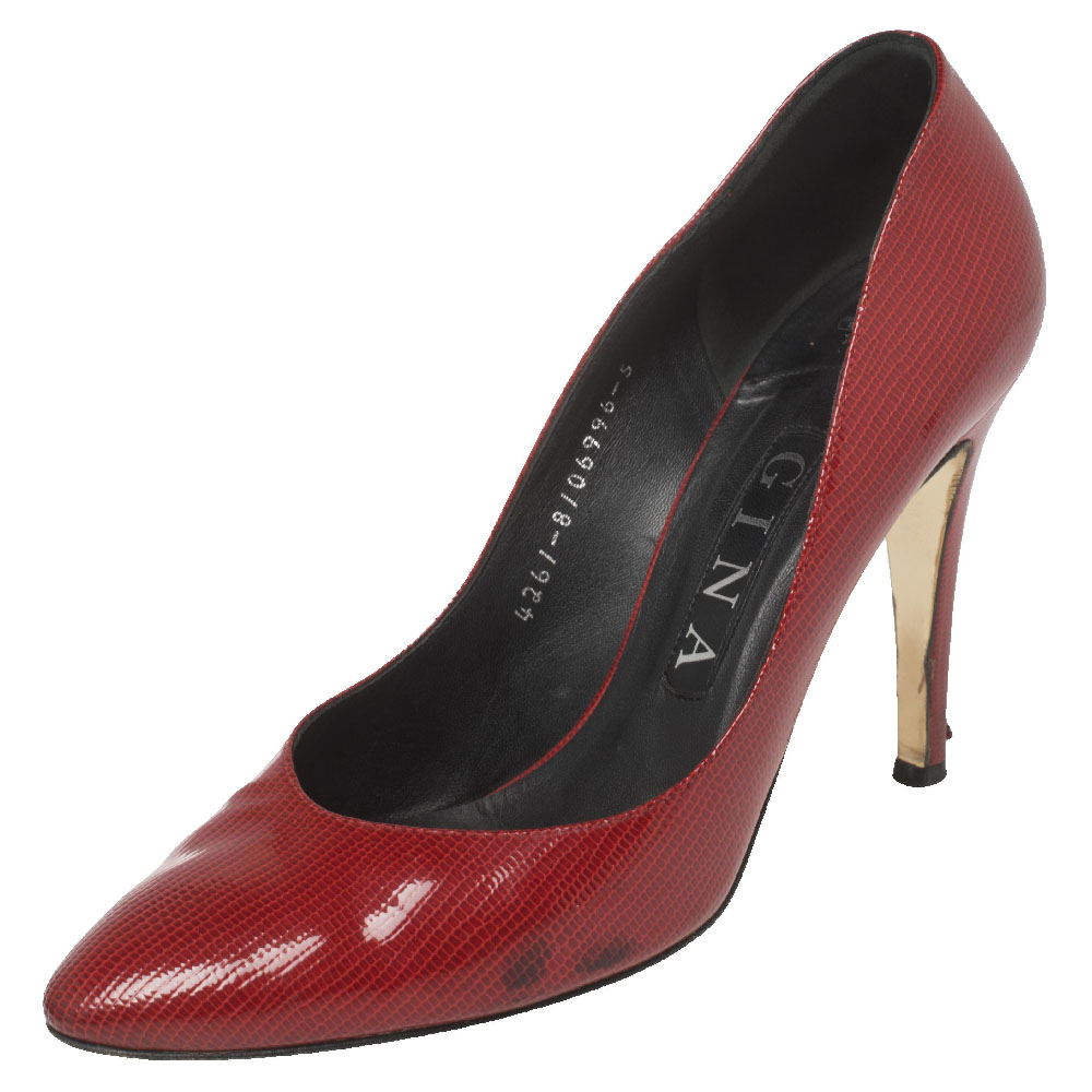 luxury-women-gina-used-shoes-p447170-006 Gina Red Glossy Lizard Embossed Leather Pointed Toe Pumps Size 38