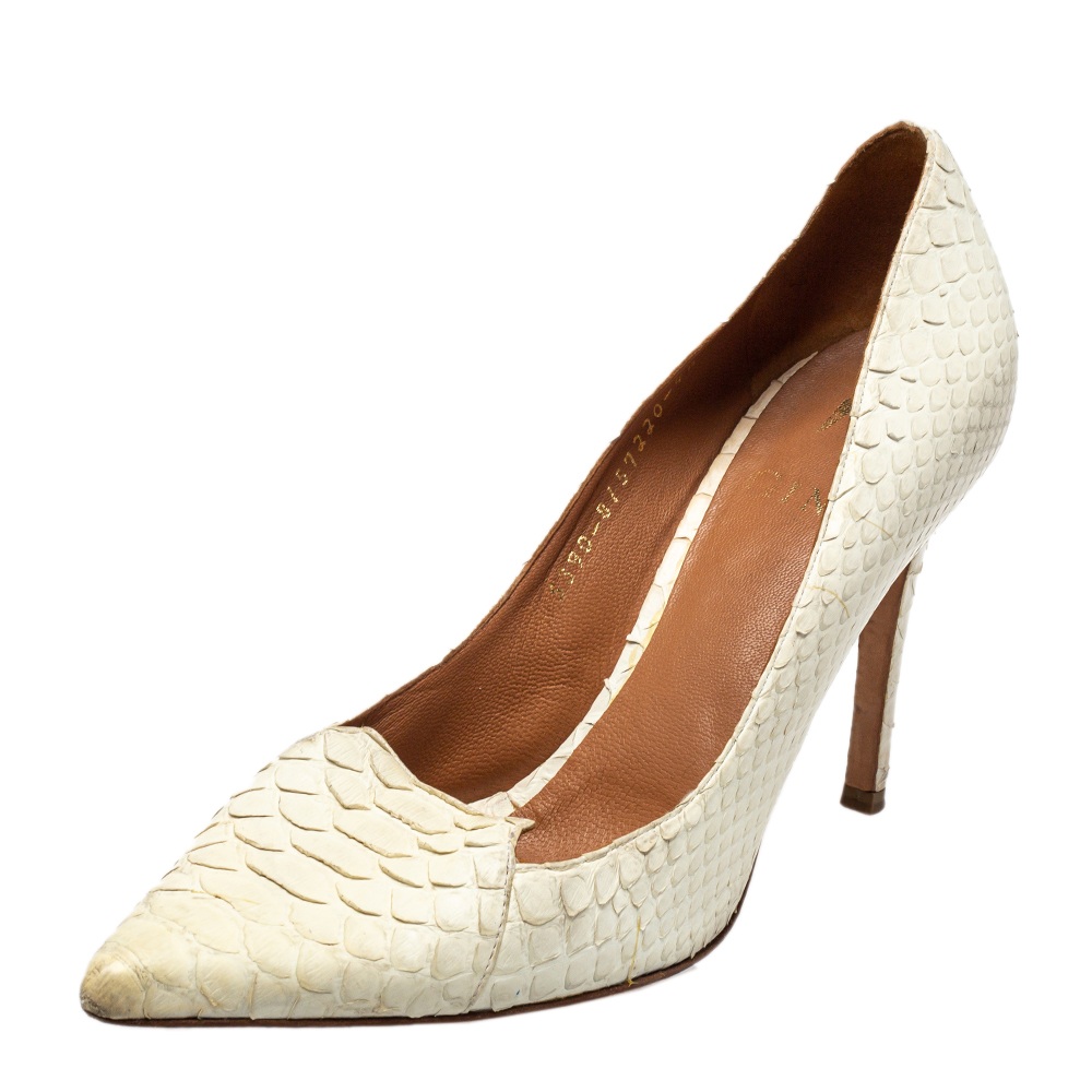 luxury-women-gina-used-shoes-p454441-004 Gina Off White Python Pointed Toe Pumps Size 37.5