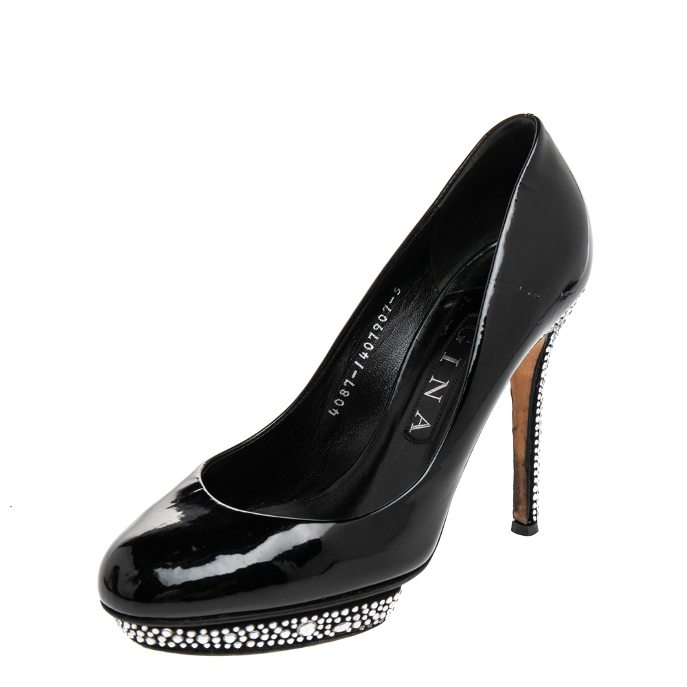 luxury-women-gina-used-shoes-p485854-006 Gina Black Patent Leather Crystal Embellished Pumps Size 38