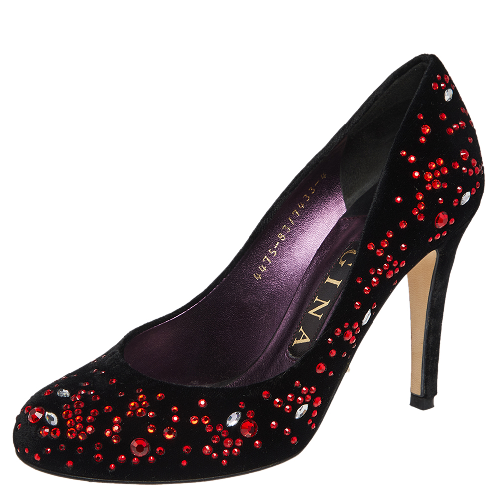 luxury-women-gina-used-shoes-p501240-001-2 Gina Black Velvet Embellished Round Toe Pumps Size 37