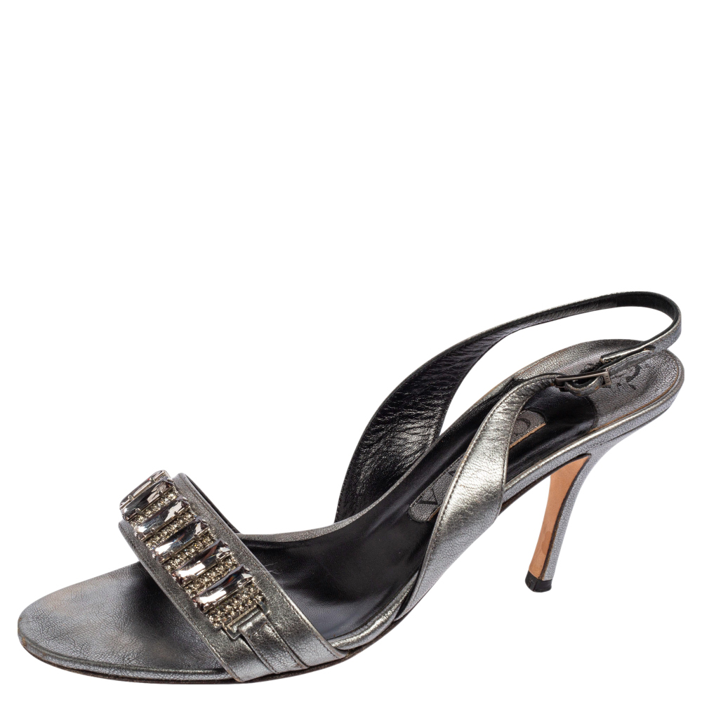 luxury-women-gina-used-shoes-p505605-004-2 Gina Metallic Bronze Leather Crystal Embellished Naomi Slingback Sandals Size 40