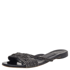 Gina Black Crystal Embellished Leather Flat Slides Size 37.5