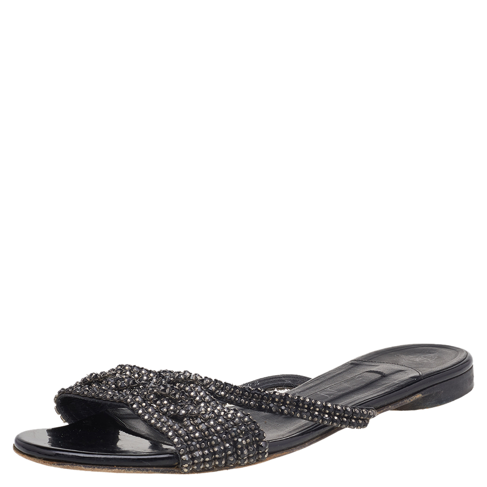 luxury-women-gina-used-shoes-p517186-003-2 Gina Black Crystal Embellished Leather Flat Slides Size 37.5