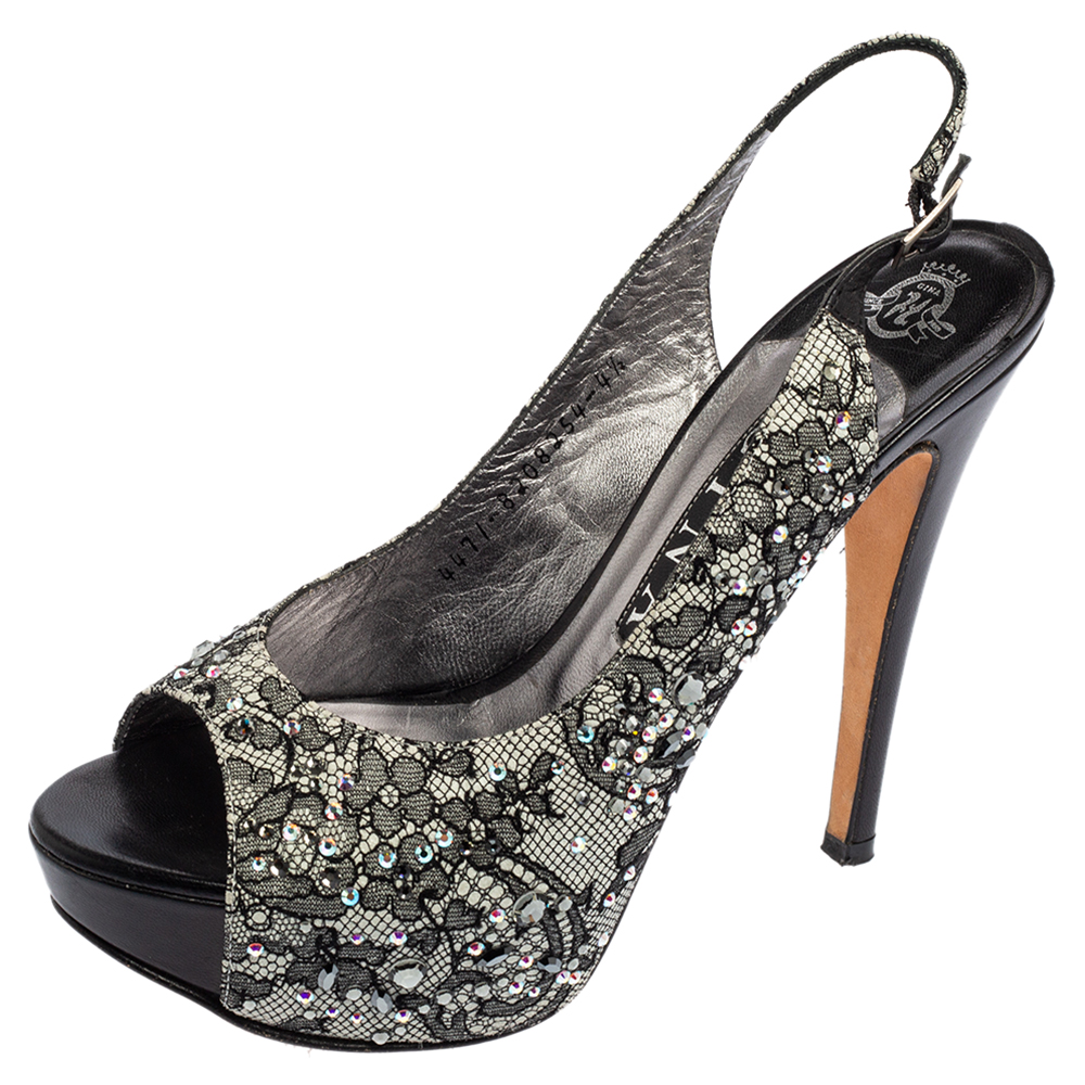 luxury-women-gina-used-shoes-p526412-003 Gina Black Lace Crystal Embellished Peep Toe Slingback Platform Pumps Size 37.5