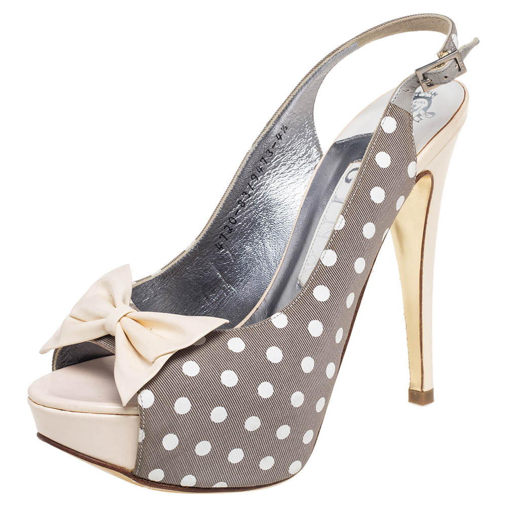 luxury-women-gina-used-shoes-p537195-002-2 Gina Grey/Cream Polka Canvas And Patent Leather Bow Open Toe Sandals Size 37.5