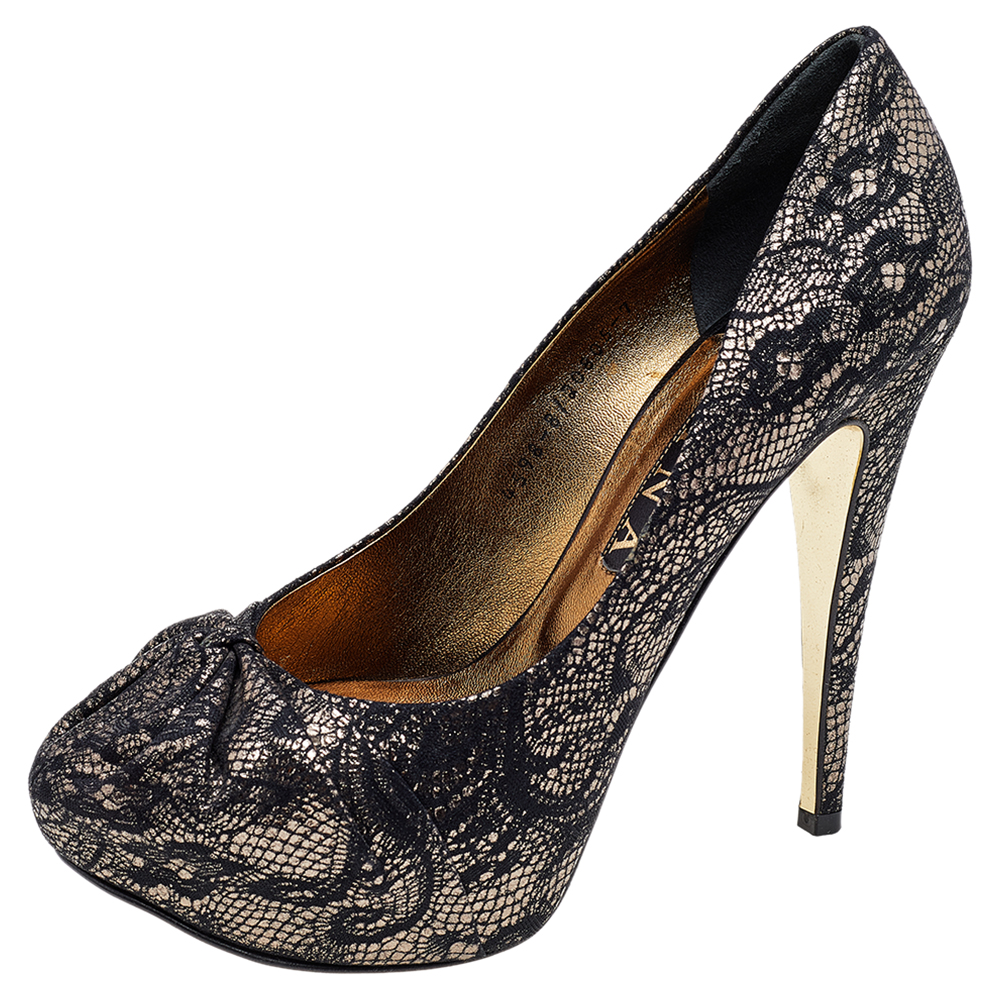 luxury-women-gina-used-shoes-p564580-005-2 Gina Black/Gold Lace and Leather Platform Pumps Size 40