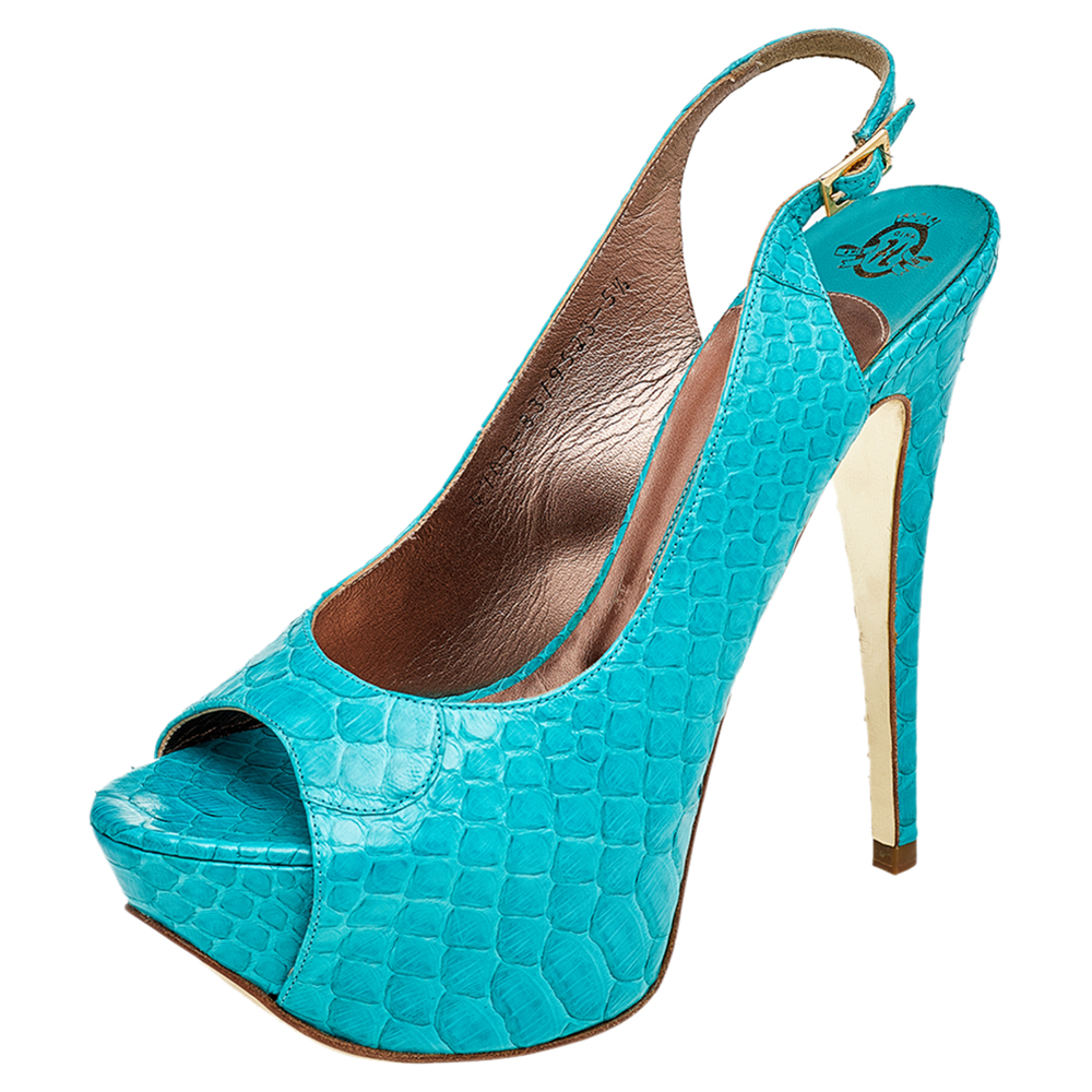 luxury-women-gina-used-shoes-p568253-008-2 Gina Blue Python Peep Toe Platform Slingback Sandals Size 38.5