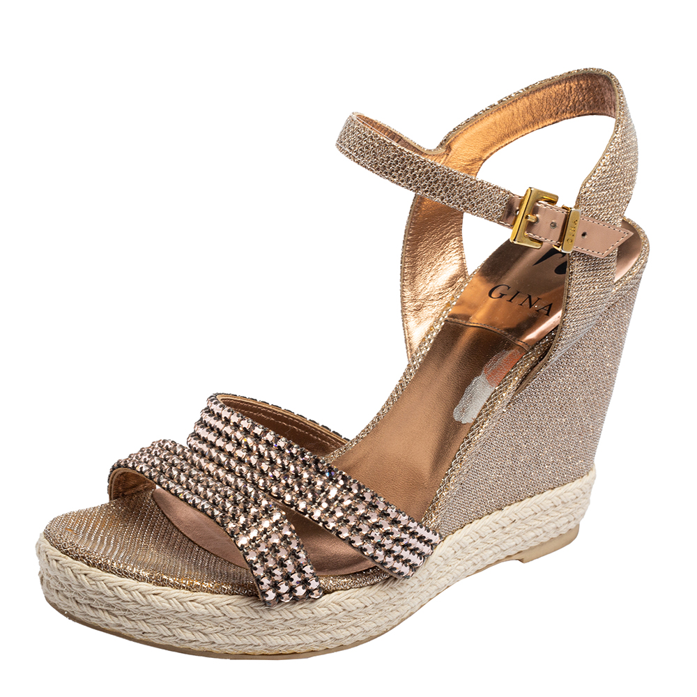 luxury-women-gina-used-shoes-p578615-007-1 Gina Rose Gold Glitter and Crystal-Embellished Leather Espadrille Platform Wedge Sandals Size 40
