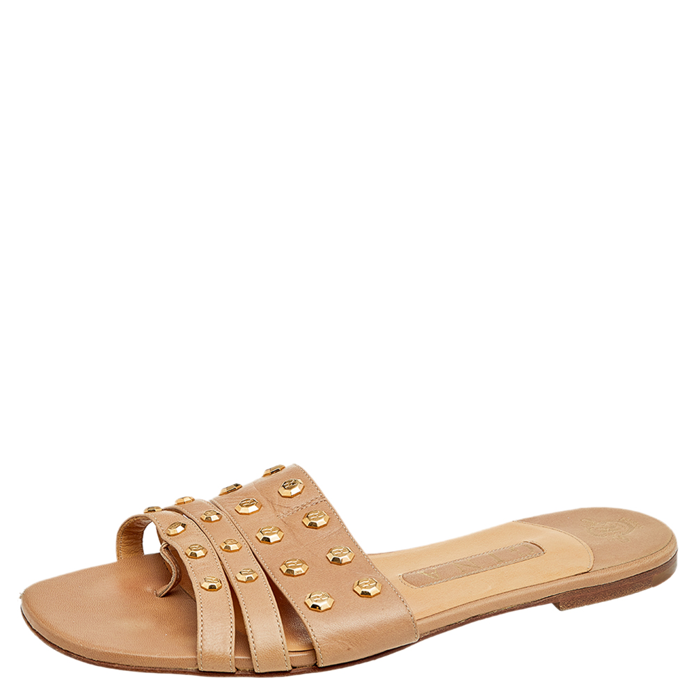 luxury-women-gina-used-shoes-p586863-008-1 Gina Beige Leather Embellished Slide Sandals Size 38.5
