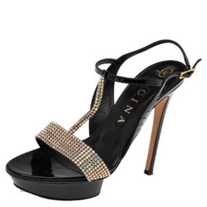 Gina Black Patent Leather Crystal Embellished T-Strap Sandals Size 39.5