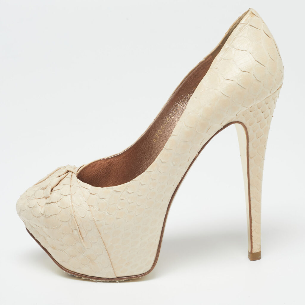luxury-women-gina-used-shoes-p622958-001-2 Gina Cream Python Embossed Leather Elle Platform Pumps Size 37.5