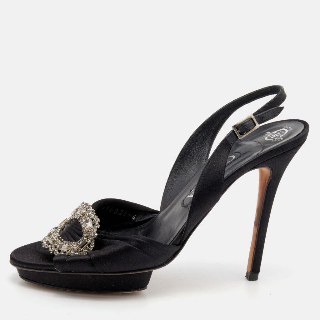 luxury-women-gina-used-shoes-p654646-010-1 Gina Black Satin Crystal Embellished Slingback Sandals Size 39