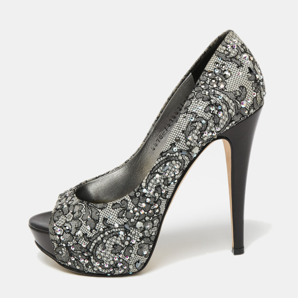 luxury-women-gina-used-shoes-p654853-002-1 Gina Grey/Black Lace Crystal Embellished Open Peep Platform Pumps Size 37