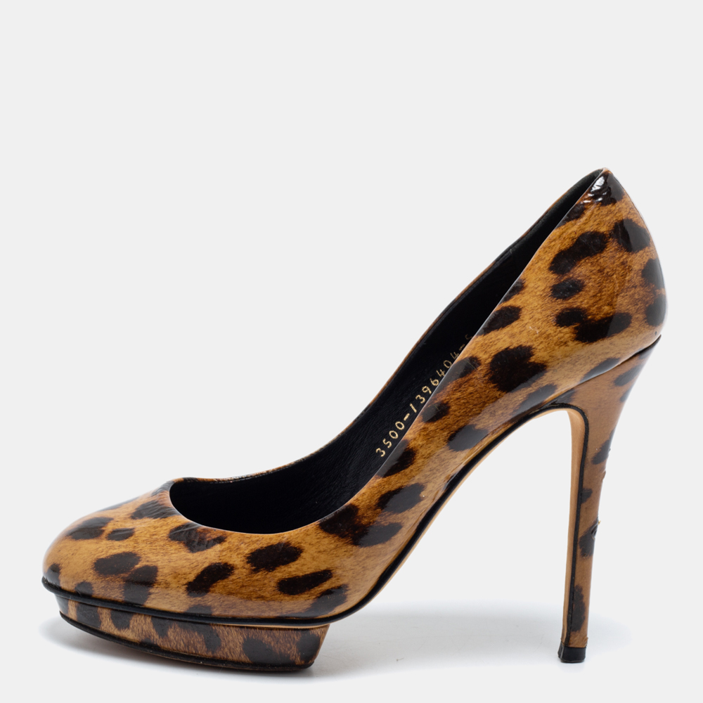 luxury-women-gina-used-shoes-p686113-001-1 Gina Brown Leopard Print Patent Leather Round Toe Pumps Size 38