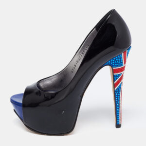 Gina Black Patent Leather Crystal Embellished Peep Toe Platform Pumps Size 37