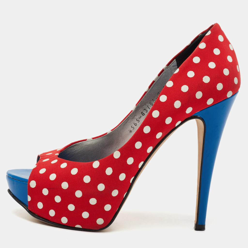 luxury-women-gina-used-shoes-p701507-005 Gina Red/Blue Polka Dot Print Canvas Peep Toe Platform Pumps Size 38