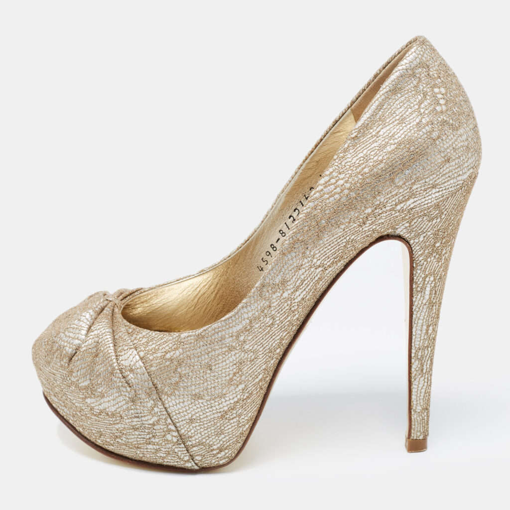 luxury-women-gina-used-shoes-p713596-002-1 Gina Gold Lace and Leather Claire Platform Pumps Size 37