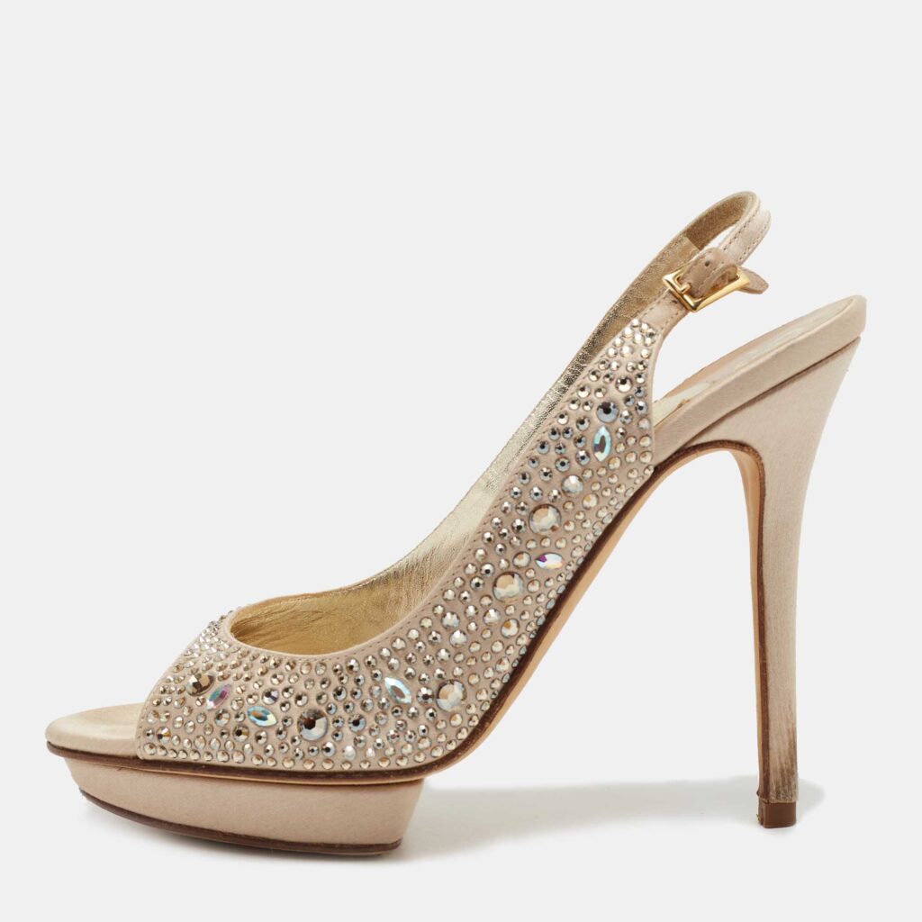 luxury-women-gina-used-shoes-p725940-003 Gina Gold Satin Crystal Embellished Slingback Sandals Size 38