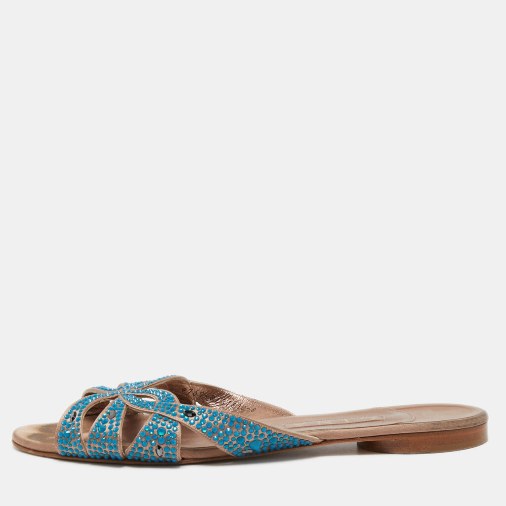 luxury-women-gina-used-shoes-p749134-002 Gina Pink/Blue Crystal Embellished Satin Flat Slides Size 41