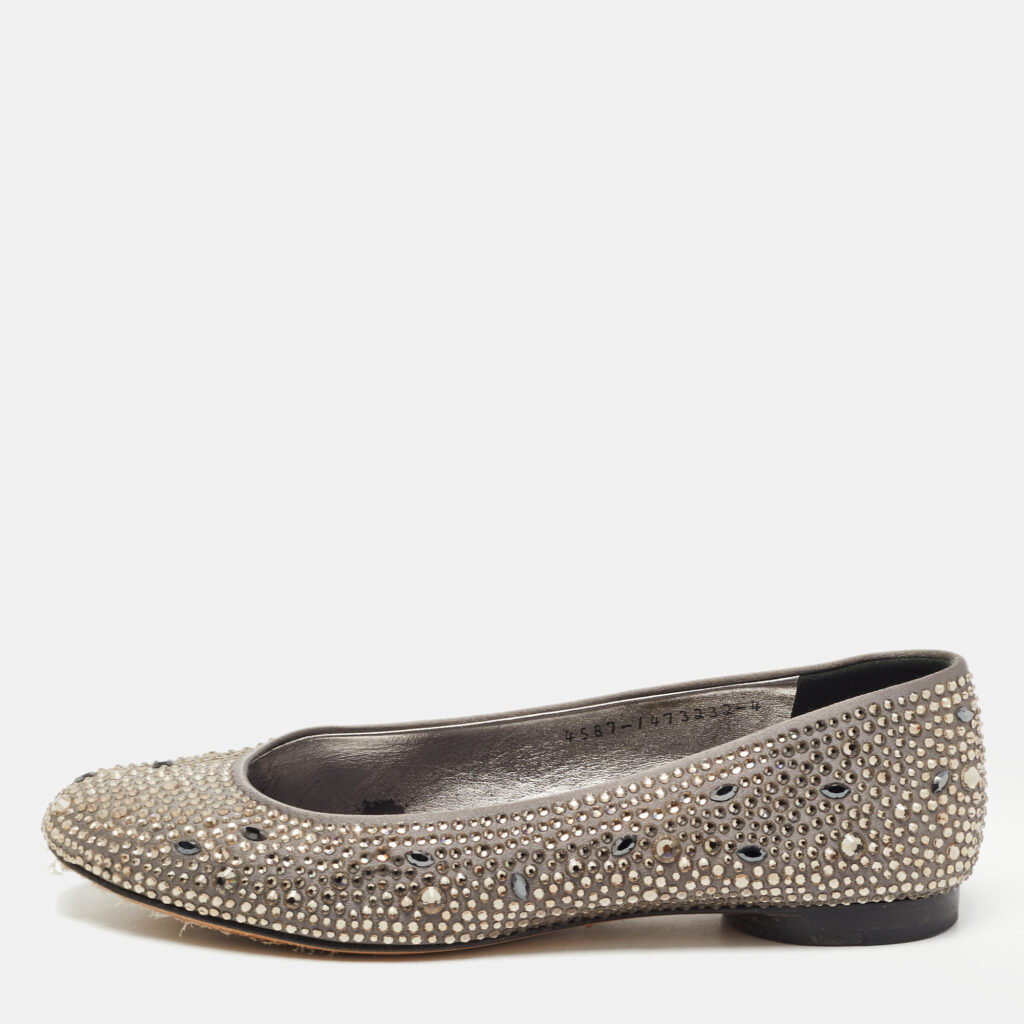 luxury-women-gina-used-shoes-p782103-001 Gina Grey Crystal Embellished Satin Ballet Flats Size 37