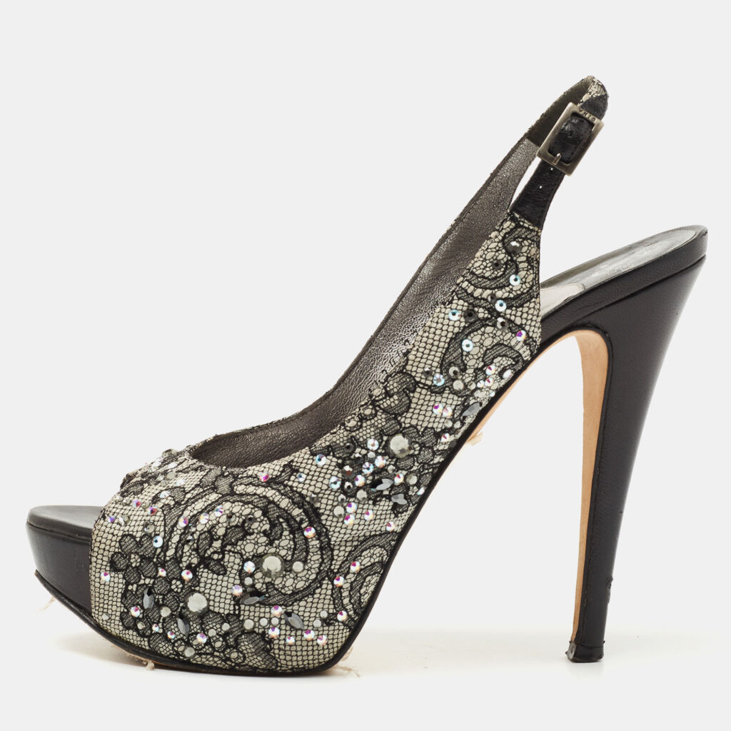 luxury-women-gina-used-shoes-p786887-010 Gina Black Lace Crystal Embellished Peep Toe Slingback Platform Pumps Size 37.5