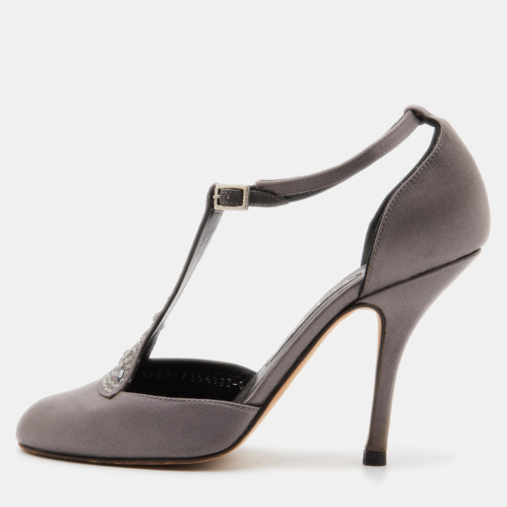 luxury-women-gina-used-shoes-p796980-001 Gina Grey Satin Crystal Embellished T-Bar Ankle Strap Pumps Size 37