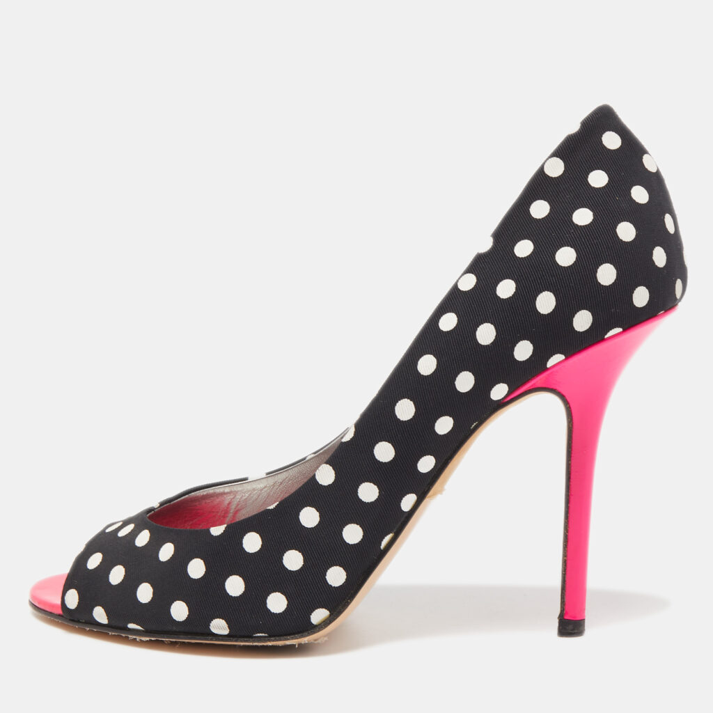 luxury-women-gina-used-shoes-p812095-001 Gina Black/White Polka Dot Canvas Peep Toe Pumps Size 40