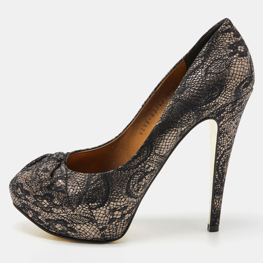 luxury-women-gina-used-shoes-p841515-010 Gina Black/Gold Lace and Leather Platform Pumps Size 39.5