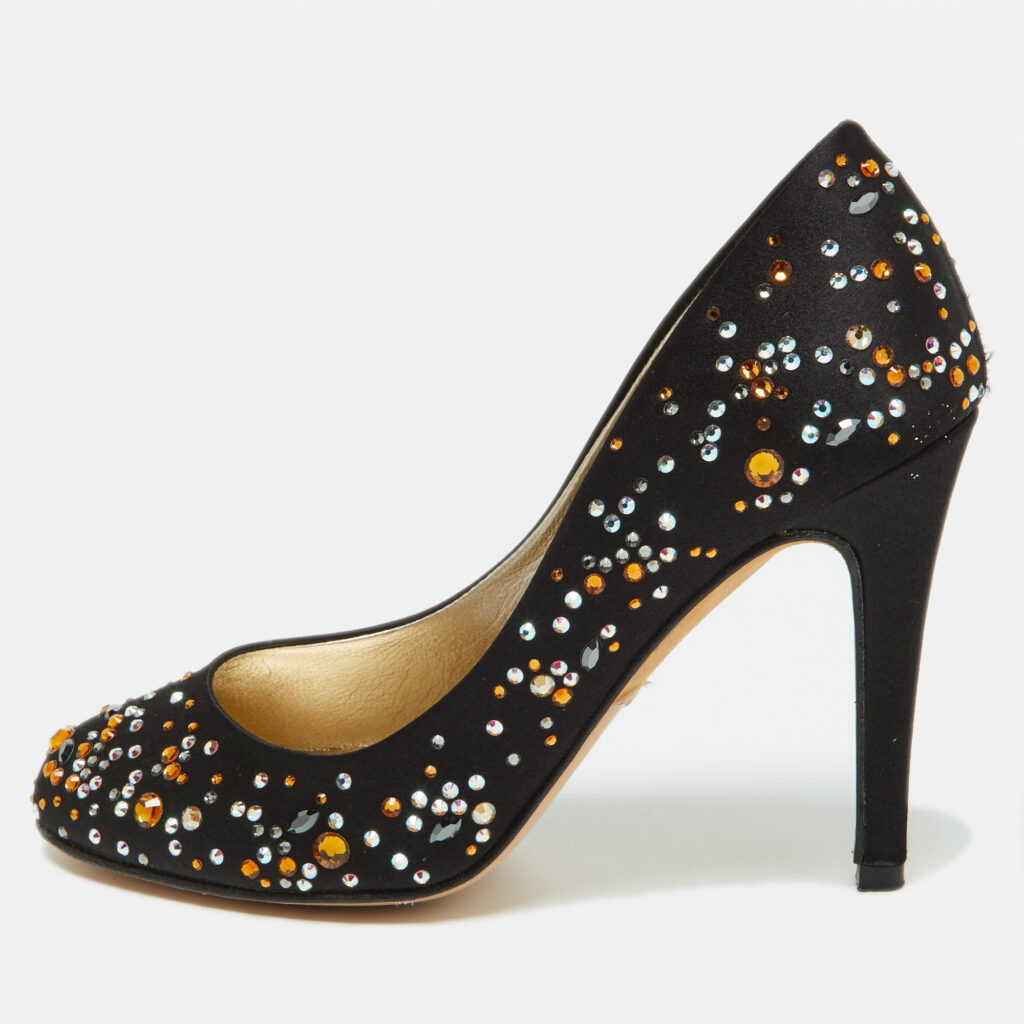luxury-women-gina-used-shoes-p865590-001 Gina Black Satin Crystal Embellished Pumps Size 36.5