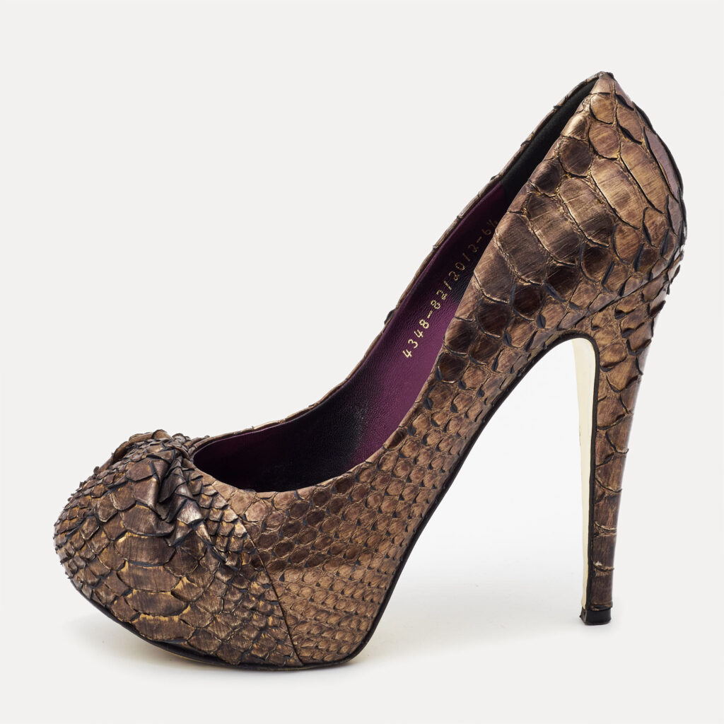 luxury-women-gina-used-shoes-p873319-003 Gina Metallic Brown Python Elle Platform Pumps Size 39.5
