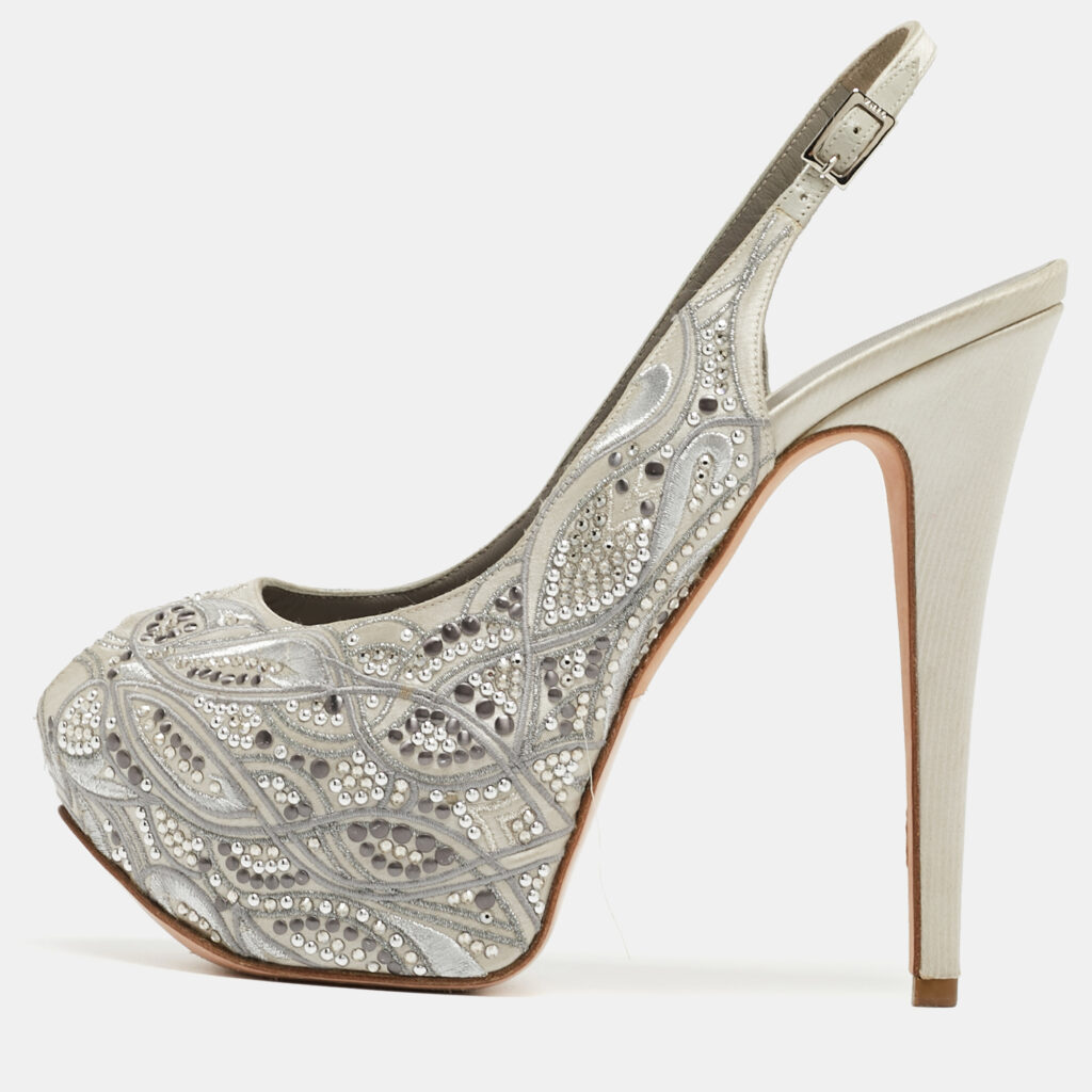 luxury-women-gina-used-shoes-p932081-001 Gina Grey Satin Embellished Slingback Platform Sandals Size 39.5