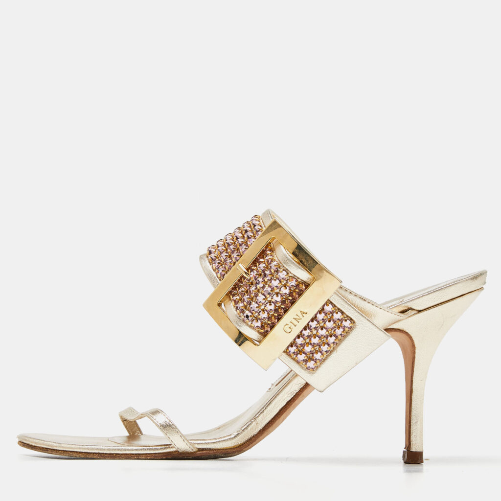 luxury-women-gina-used-shoes-p940886-010 Gina Gold Crystal Embellished Leather Slide Sandals Size 37.5