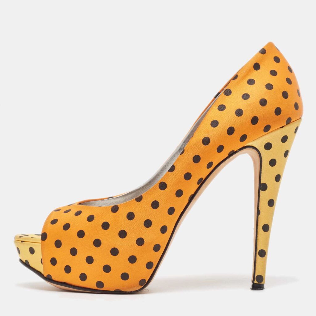 luxury-women-gina-used-shoes-p950294-003 Gina Tricolor Polka Dot Print Satin Peep Toe Platform Pumps Size 40