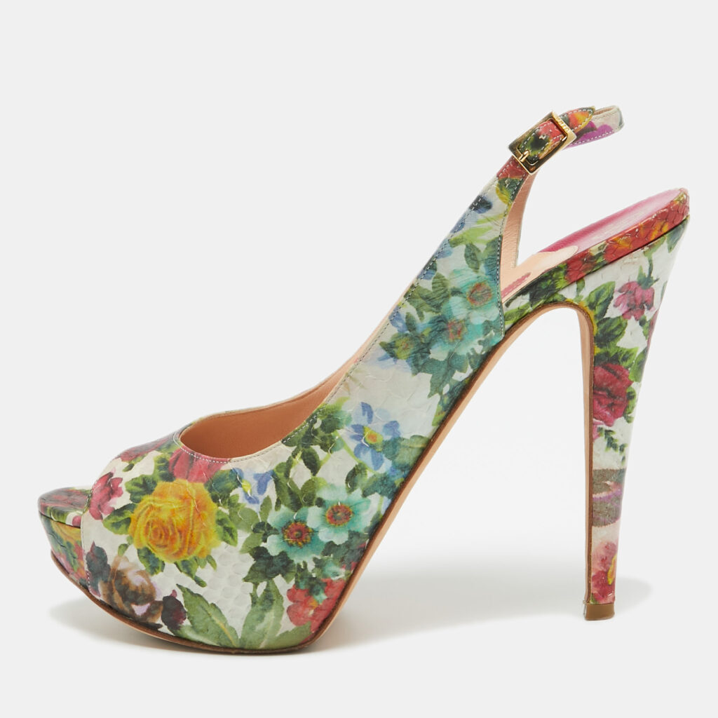 luxury-women-gina-used-shoes-p952398-001 Gina Multicolor Python Embossed Leather Peep Toe Slingback Pumps Size 40.5
