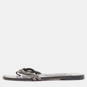 Gina Black Leather Crystal Embellished Flat Slides Size 37