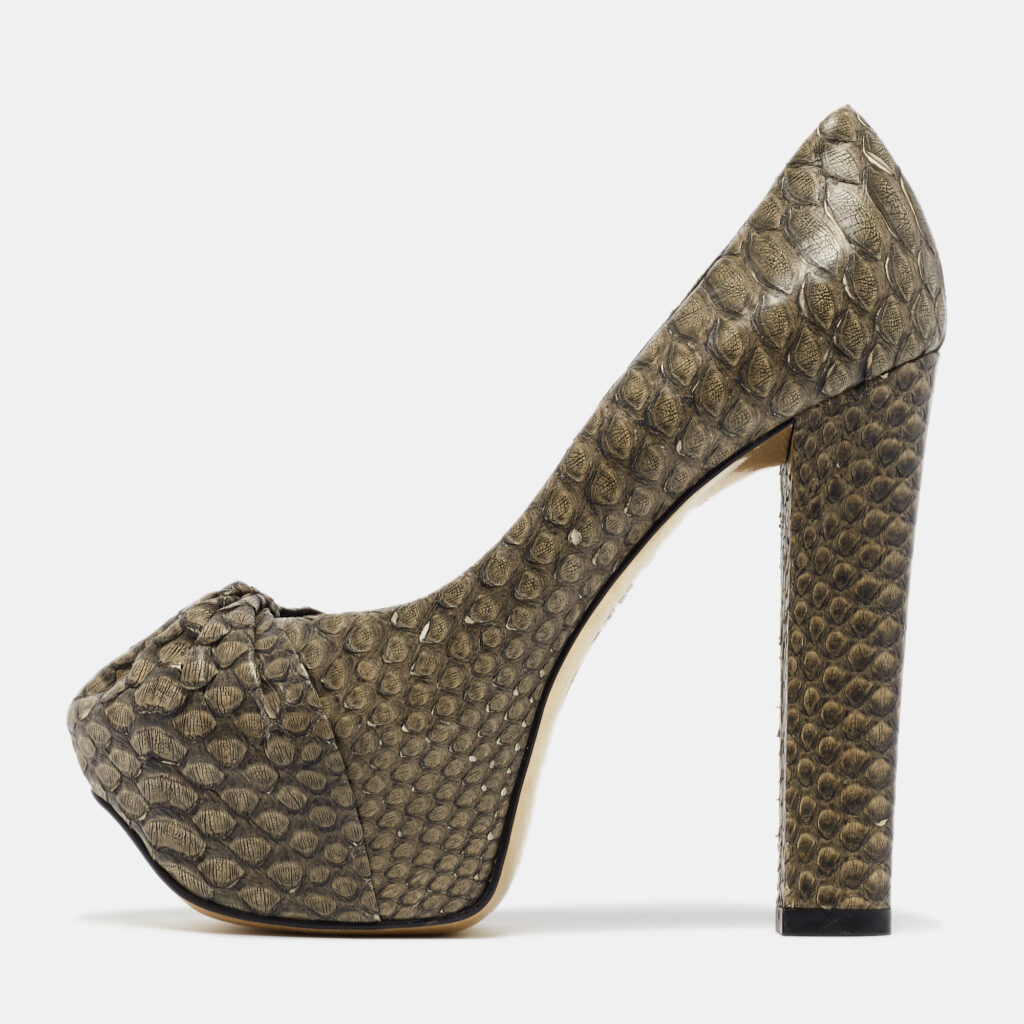 luxury-women-gina-used-shoes-p960493-001 Gina Green Python Platform Block Heel Pumps Size 39