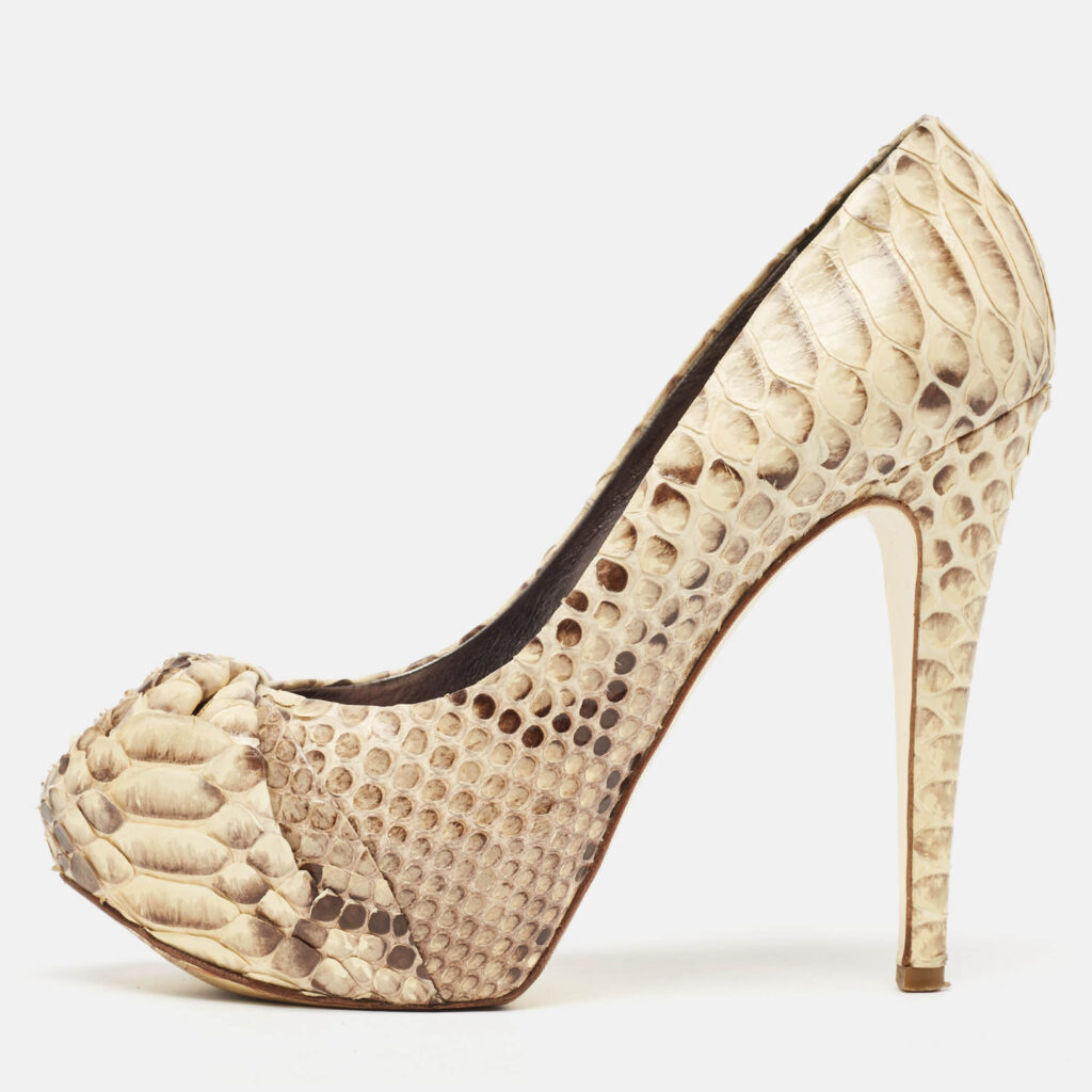 luxury-women-gina-used-shoes-p990914-010 Gina Beige/Brown Python Leather Hoodie Platform Pumps Size 39
