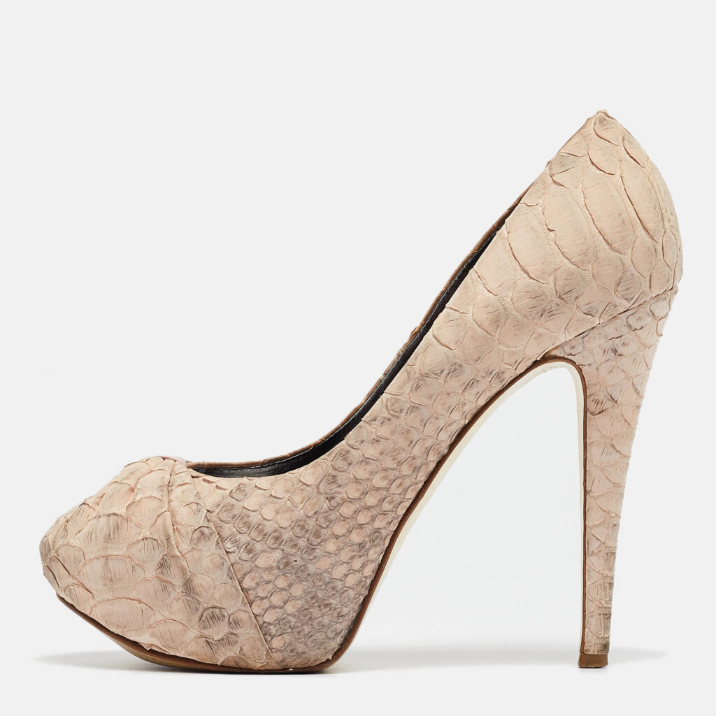 luxury-women-gina-used-shoes-p991088-002 Gina Beige Python Leather Platform Pumps Size 39