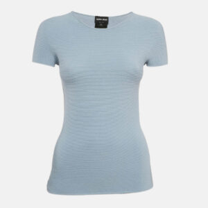 Giorgio Armani Blue Stripe Textured Jersey Short Sleeve Top M