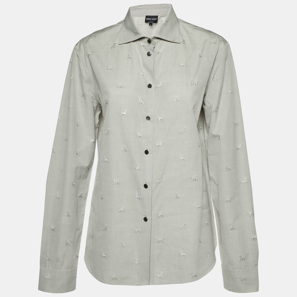 luxury-women-giorgio-armani-used-clothes-p1102103-006 Giorgio Armani Grey Dog Pattern Dobby Cotton Button Front Shirt L