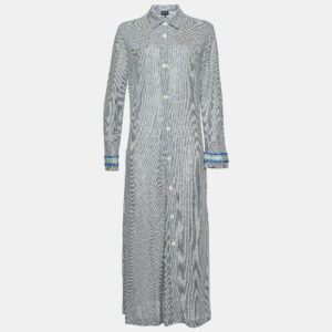 Giorgio Armani Navy Blue/White Linen and Cotton Knit Long Shirt Dress M